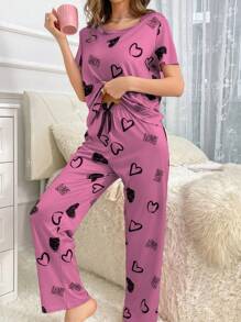 Kvinnor hjärta & brev tryck kortärmad pyjamas set - Multifärgad - Visa 6