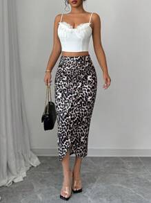 Chiquease Women's Fitted Elegant Pleated Slit Bodycon Leopard Print Pencil Skirt