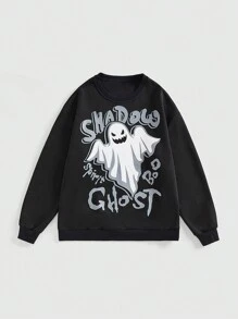 ROMWE Halloween Ghost Print Fleece Pullover Hooded Sweatshirt - Black - View 1