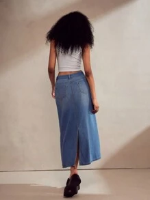 TrendSteals New Autumn/Winter Vintage Washed Denim A-Line Skirt With Front & Back Slit - Blue - View 4