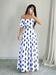 Elenzga Vestido largo de verano de mujer con estampado, hombros descubiertos, cordón en la cintura y diseño hueco