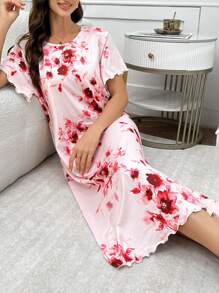 Camisón con cuello redondo de manga corta con estampado floral y volantes para mujer - Multicolor - Ver 5