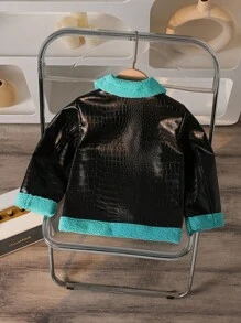 Young Girl' Motorcycle Faux Leather Jacket With Thermal Lining, 2024 Winter Warm Windbreaker - Black - View 2