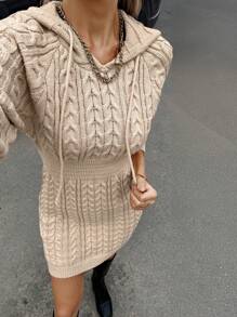 SHEIN LUNE Đầm len dài tay có mũ trùm đầu màu trơn cổ xoắn cho nữ - Màu be - Xem 4