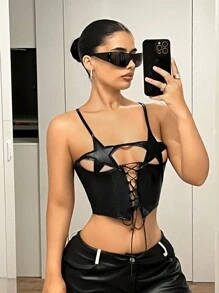 SHEIN ICON 合身款式五角星胸围交叉带装饰女式背心 - 黑色 - 查看 2