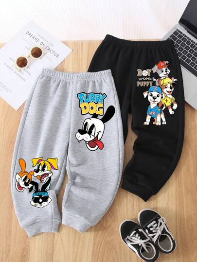 SHEIN 2pcs Set Young Boy Casual Simple Cartoon Dog Print Loose Long Sweatpants, Suitable For Autumn And Winter