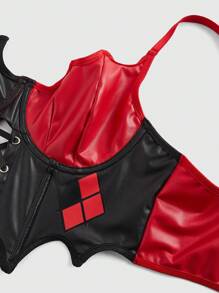 Harley Quinn | ROMWE Women's Punk Star, Diamond, Square Print Asymmetric Hem Faux Leather Patchwork Crop Cami Top - Black - View 4