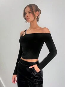 SHEIN X Belinda SHEIN Essnce Women's Casual Asymmetric Collar Solid Color Blouse, Spring Autumn