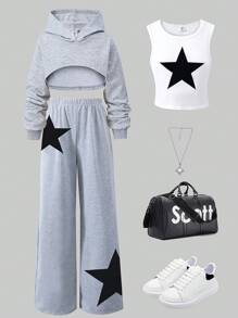 SHEIN Explorewe 3pcs/Set Tween Girls Hooded Top + Embroidered Vest + Pants Suit - Grey - View 1