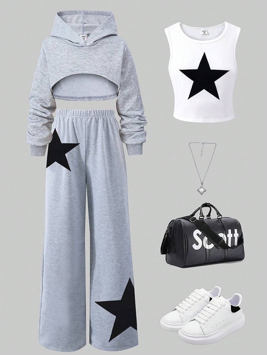 SHEIN Explorewe 3pcs/Set Tween Girls Hooded Top + Embroidered Vest + Pants Suit - Grey - View 1