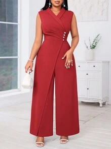 SHEIN Lady 大码女式蓝色无袖阔腿连体裤，配交叉领和人造珍珠装饰，演唱会女装女式连体裤，四季款 - 紅色 - 查看 3