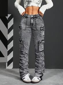 SHEIN PETITE Distressed Washed Ruched Cargo Denim Jeans - Grey - View 5