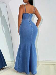 SHEIN Lady Women Denim Bodycon Spaghetti Strap Dress, Blue - Medium Wash - View 2