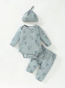 SHEIN 新生儿大象印花舒适中性长袖连帽连体衣套装，秋季 - 灰色 - 查看 1