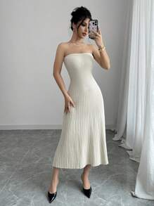 Selianne 女士纯色露肩简约修身长款休闲毛衣连衣裙 - 駝色 - 查看 5