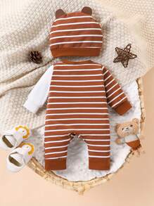 SHEIN 1pc Baby Boys Striped Bee Graphic Long Sleeve Jumpsuit With Patterned Hat, Autumn - Brown - View 2