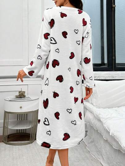 Flannel Heart Print Oversized Long Sleeve Sleep Dress, Fall Fluffy, Cozy view 2