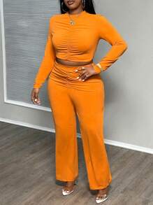 Slaydiva Layr Plus Size Casual Solid Color Fitted Bright Orange Basic Crew Neck Cropped Long Sleeve Top And High Waist Ruched Wide Leg Pants Fall Two Pieces Set