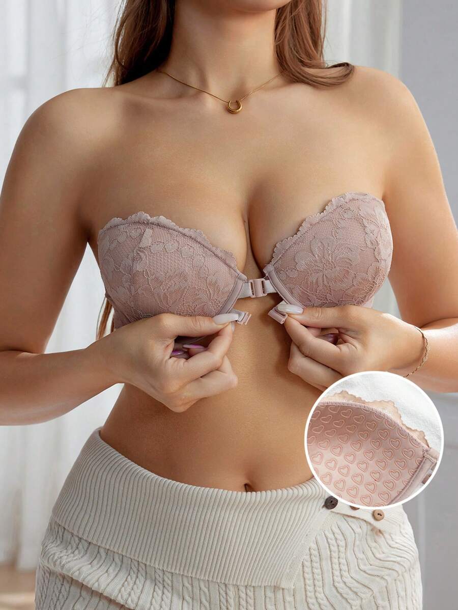 DesireSculpt 1pc Lace Insert Simple Sexy Front Closure Wireless Bra Lingerie For Women - Brown - View 1