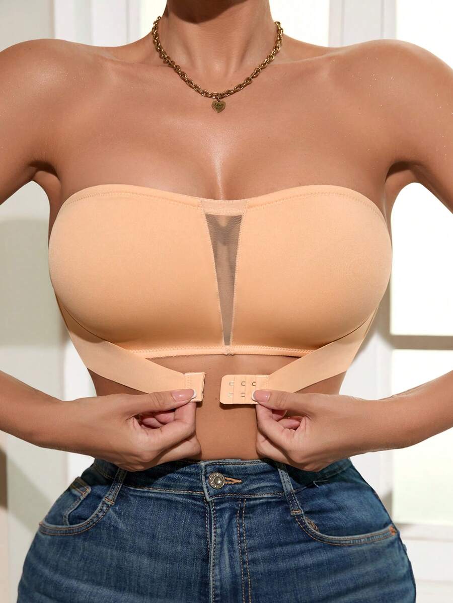 1 pieza Sujetador deportivo de malla cómodo y casual con cierre frontal en contraste para mujer - Albaricoque - Ver 1