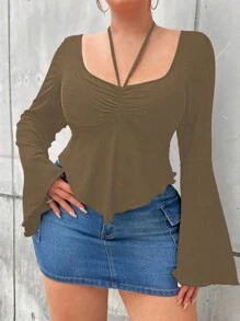 SHEIN MOOSTA Plus Size Solid Color Ruched Neck Long Sleeve Casual Lace Trim T-Shirt