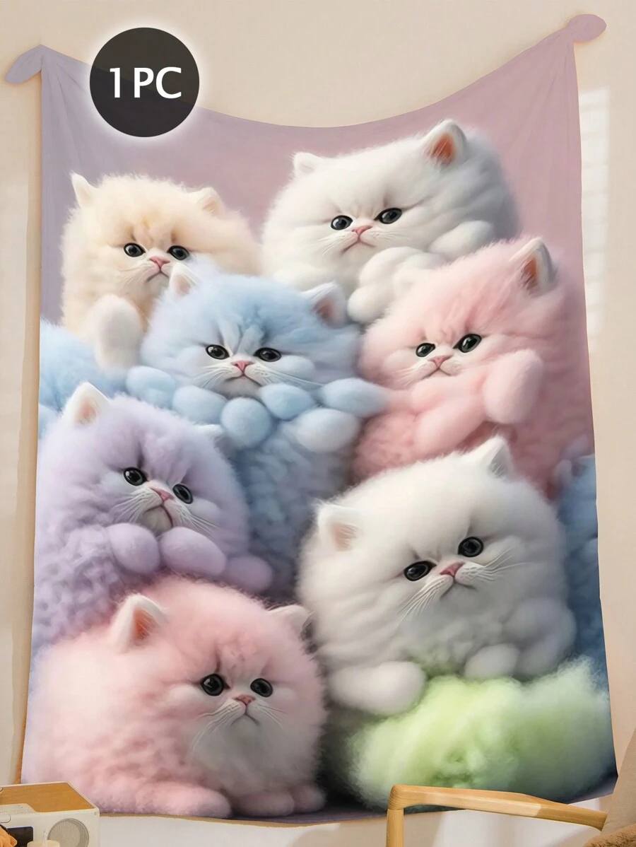 1 pieza Manta, manta de siesta suave y amigable con la piel, con patrón de gato lindo, sin desprendimiento y fácil de cuidar, manta para la siesta en la oficina, textil minimalista para el hogar, perfecta para sofá, dormitorio, sala de estar, oficina, viajes, adecuada para todas las estaciones, excelente regalo para fiestas, lavable a máquina, impresión digital