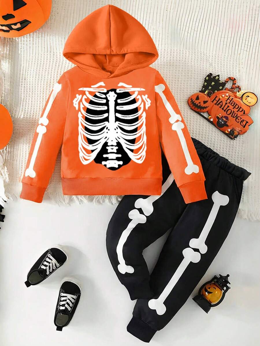 2pcs/Set Young Boy Long Sleeve Skeleton Print Hooded Top And Pants - Multicolor - View 1