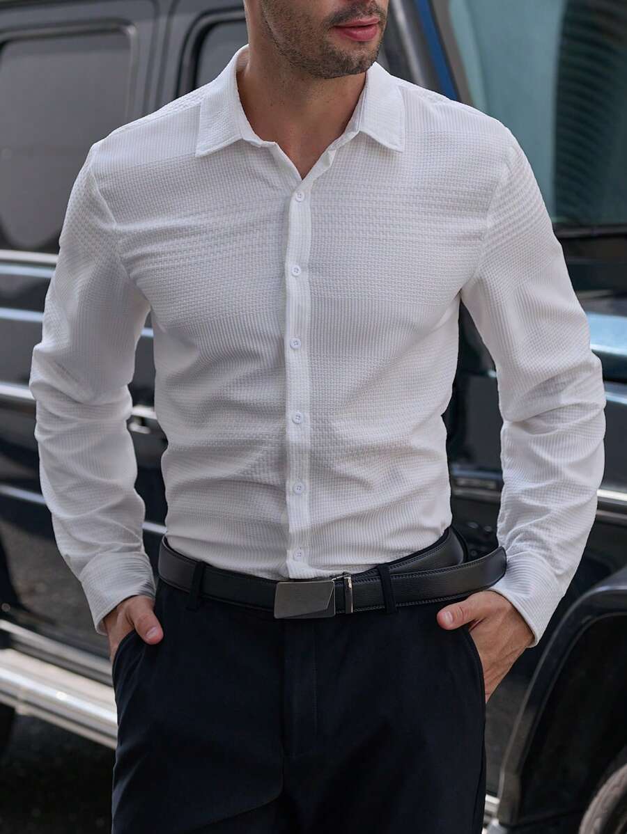 Manfinity Homme Men's Casual Solid Color Textured Long Sleeve Shirt, Spring Autumn - White - View 1