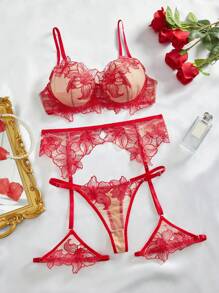 Bộ đồ lót Garter thêu 3 món có gọng - Đỏ - Xem 1