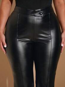 SHEIN BAE Plus Size Women Elegant Sexy Fashion Party Date Versatile Elastic Black PU Waist Design Flared Long Pants - Black - View 5