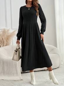 EMERY ROSE Women Spring & Summer Fall Solid Color Round Neck Long Sleeve Rib Casual Midi Winter Autumn Dress