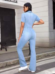 SHEIN EZwear Bộ đồ liền thân denim ống loe ôm vừa vặn mùa hè cho nữ - Rửa nhẹ - Xem 2