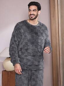 Men's Solid Color Plush Long Sleeve Pajama Set, Fall Clothes - Dark Grey - View 4