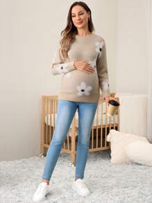 SHEIN Suéter de punto de manga larga para mujeres embarazadas, otoño/invierno - Camel - Ver 4