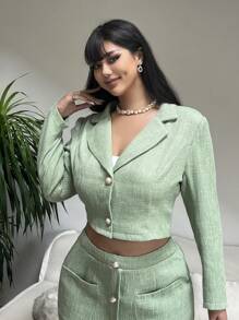 SHEIN Clasi Bộ vest nữ cỡ lớn mùa xuân hè, cổ ve áo, tay dài, cài cúc đơn, gồm áo khoác và chân váy, kiểu dáng thanh lịch, trang phục mùa thu cho phụ nữ. - màu xanh lá - Xem 8