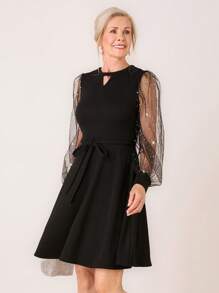 SHEIN LUNE 秋季女士锁眼领黑色网眼灯笼袖优雅派对短裙 - 黑色 - 查看 1