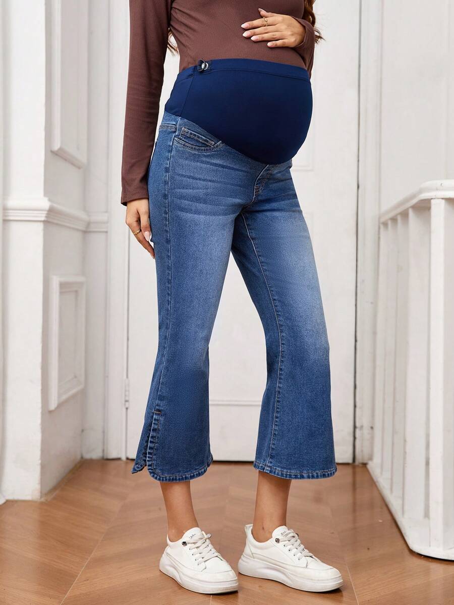 SHEIN Maternity Colorblock High Waist Flare Leg Jeans - Dark Wash - View 1