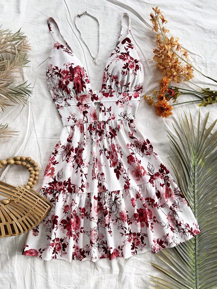 Soleia Vacation Spaghetti Strap V-Neck Hollow-Out Backless Floral Print  Dress,Summer Dresses For Women | SHEIN USA