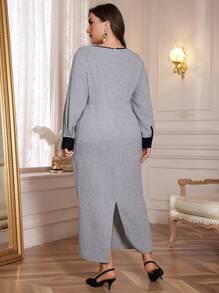 Modelyn Plus Size Elegant Color Block Waisted Dress For Spring & Autumn, Elegant Vintage Fitted Dresses, For Evening Party/Wedding Guest/Anniversary Maxi Women Outfit Long Evening Dresses