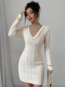 Calvaya Vestido de suéter elegante de manga larga con ajuste ceñido y bloque de color para mujeres, otoño/invierno