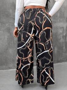 Maweii Pantalones anchos de moda sueltos con decoración de cadena metálica en la cintura, para mujer de talla grande - Negro - Ver 2