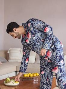 Manfinity ChillVibe Men's Paisley Floral Print Lapel Neck Single Breasted Long Sleeve Top And Pants Loungewear Set - Multicolor - View 8