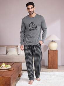 2 stuks heren ronde hals letter print lange mouwen top en geruite zak lange broek nachtkleding set