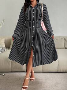 SHEIN Clasi Plus Size Women's Spring/Summer Striped Long Sleeve Single-Breasted Casual Shirt Dress