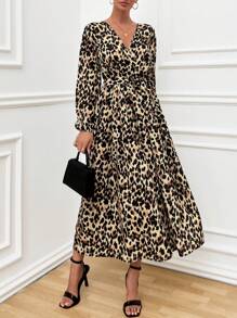 EURMUSE WHITE POLKADOT PRINT LANTERN SLEEVE BELTED LONG DRESS - Green - View 4