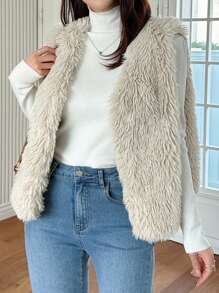 DAZY Women's Casual Everyday Warm Fuzzy Front Open Waistcoat Jacket, Autumn Winter,Fleece Lined Vest