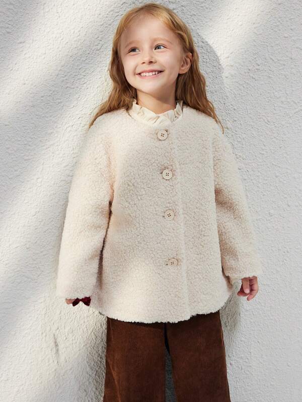 Blossori Young Girls French Elegant Ivory White Woven Collarless Long Sleeve Coat, Autumn Winter