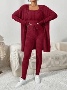 SHEIN Essnce 3pcs/Set Women's Loose Cardigan, Cami Top And Skinny Pants - Burgundy - View 4