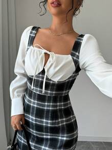 Chiquease 女士优雅办公室淑女系带格子长袖吊带连衣裙 - 黑與白 - 查看 5