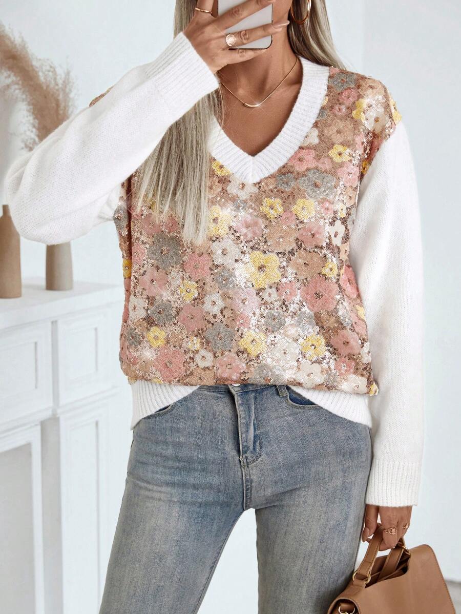 SHEIN LUNE 女士时尚花卉亮片装饰长袖休闲毛衣 - 彩色 - 查看 1